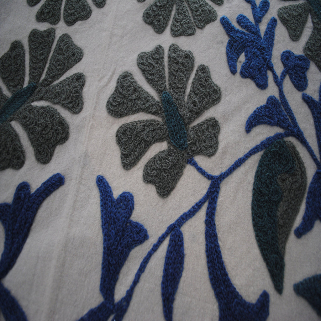 Hand Embroidered Grey And Deep Blue Bed Cover - The Chalk Home