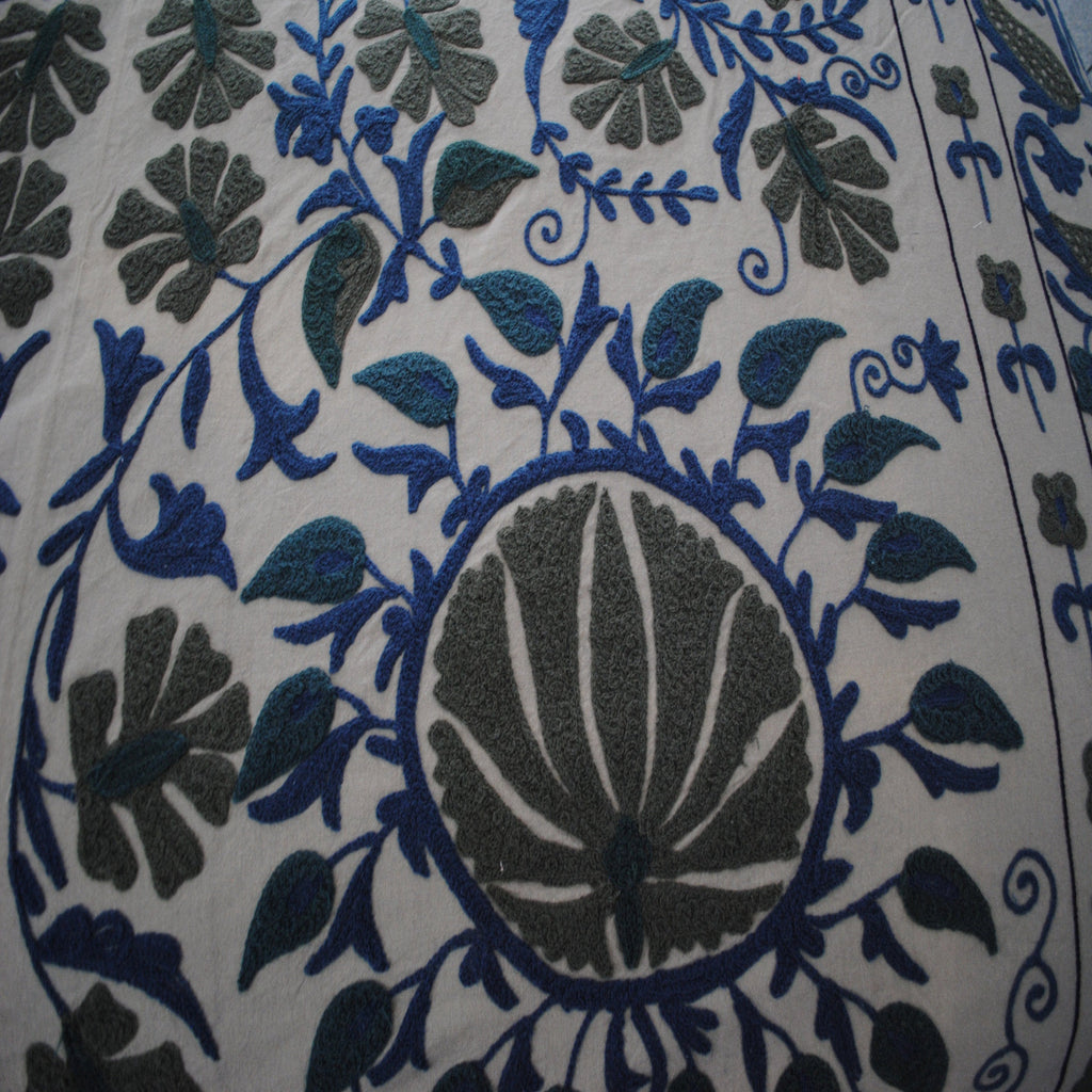 Hand Embroidered Grey And Deep Blue Bed Cover - The Chalk Home