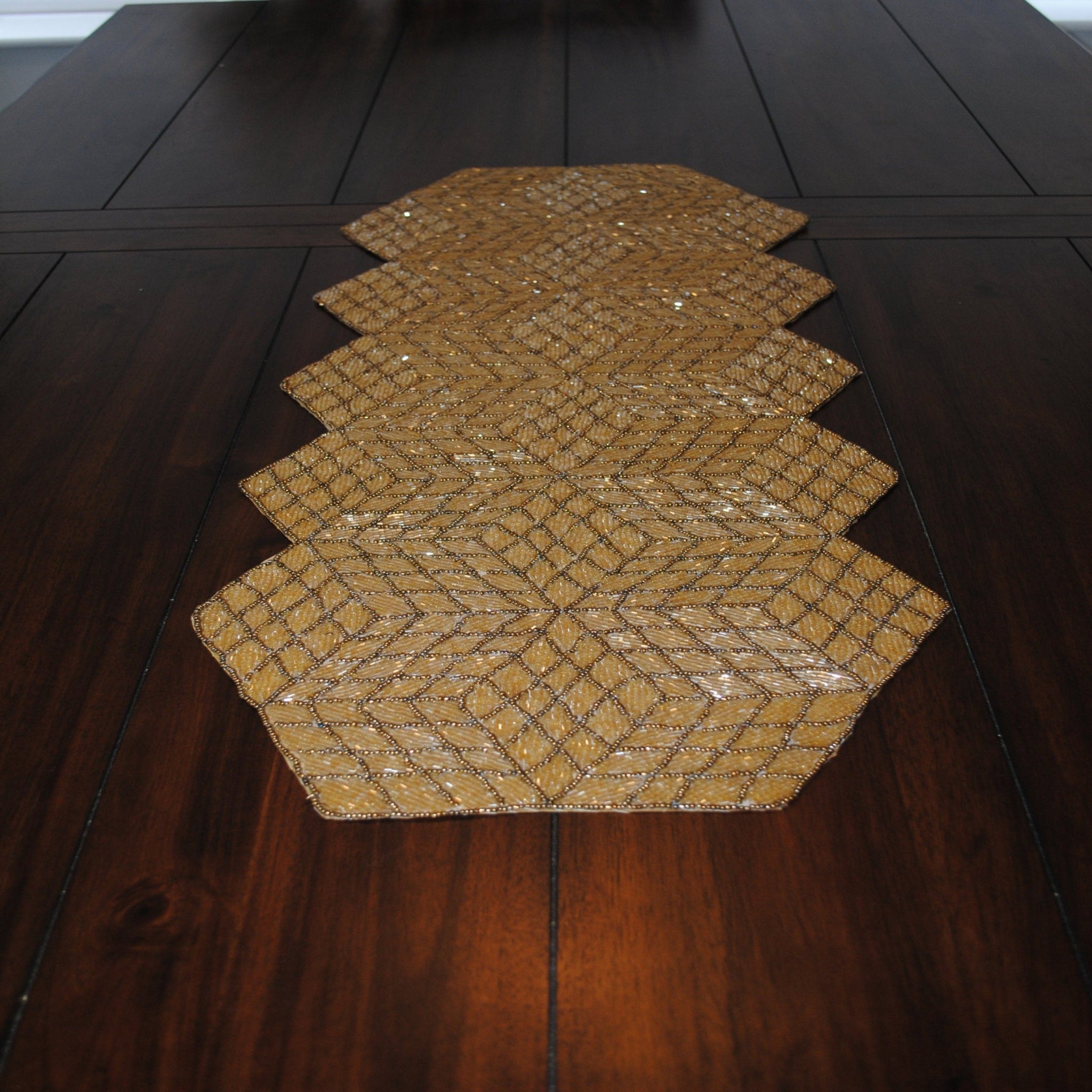 Gold table runner handmade with glass beads - The Chalk Home